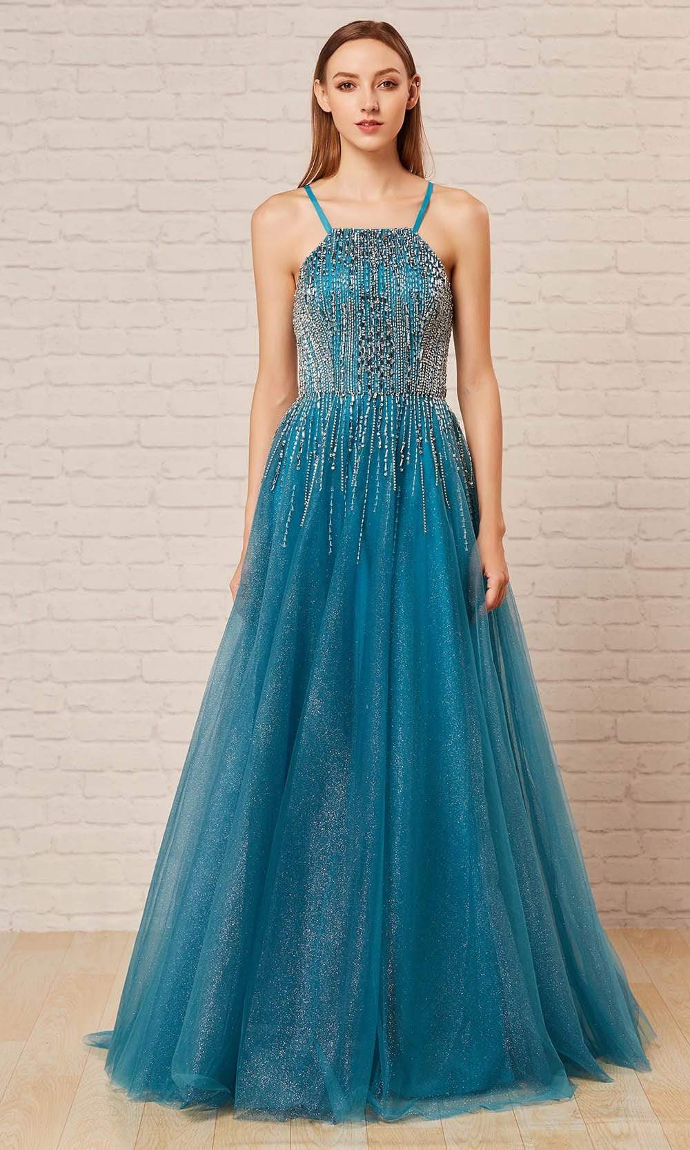 J'Adore - J18035 Beaded Halter Bodice A-Line Gown Special Occasion Dress 2 / Peacock