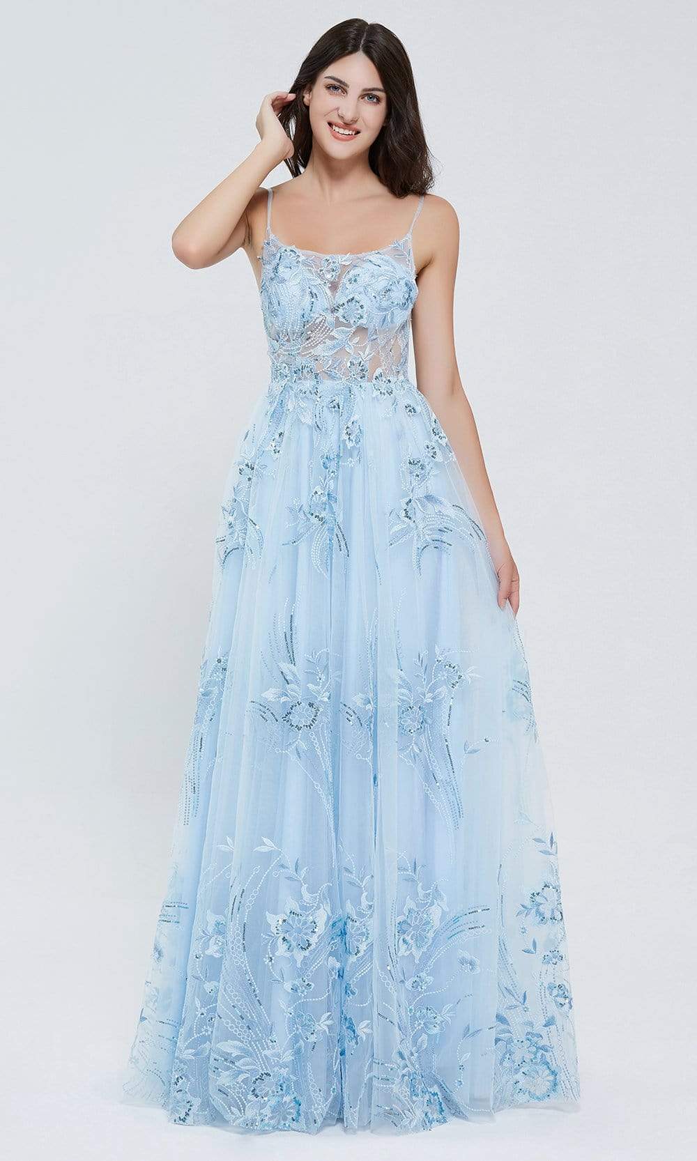 J'Adore - J20018 Scoop Tulle A-line Sheer Gown Special Occasion Dress 2 / Ice Blue
