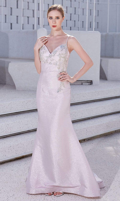 J'Adore - JM105 Beaded Fitted Bodice Glitter Net Mermaid Gown In Pink