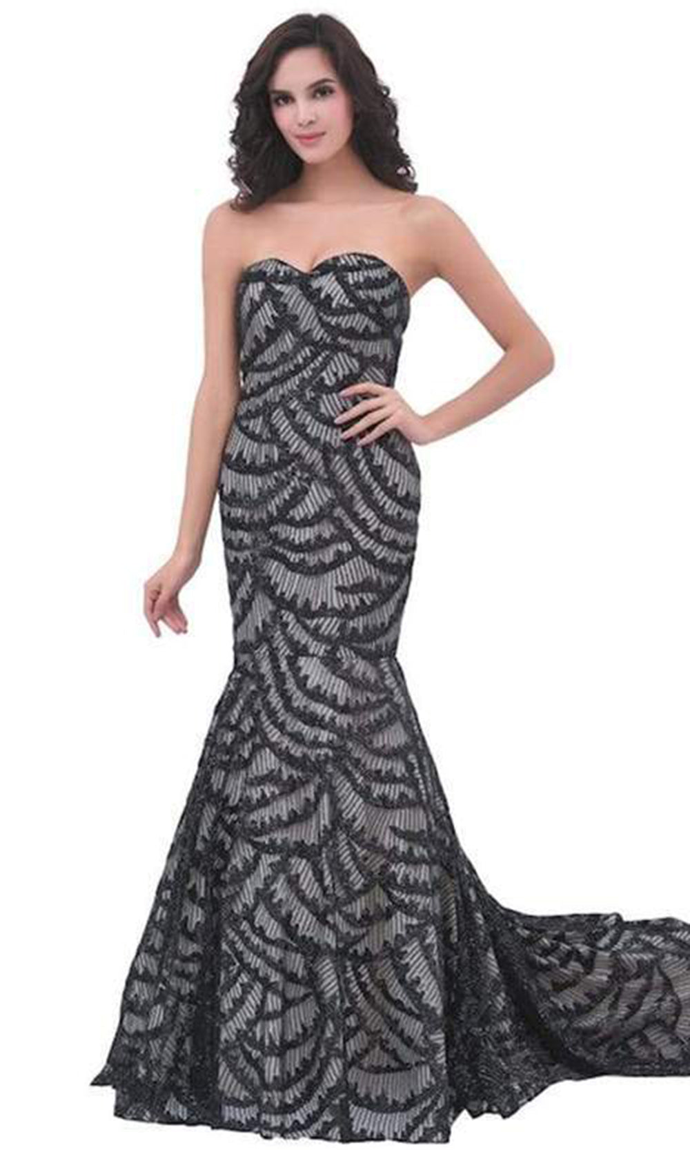J'Adore - Strapless Patterned Mermaid Evening Gown J11301SC In Black