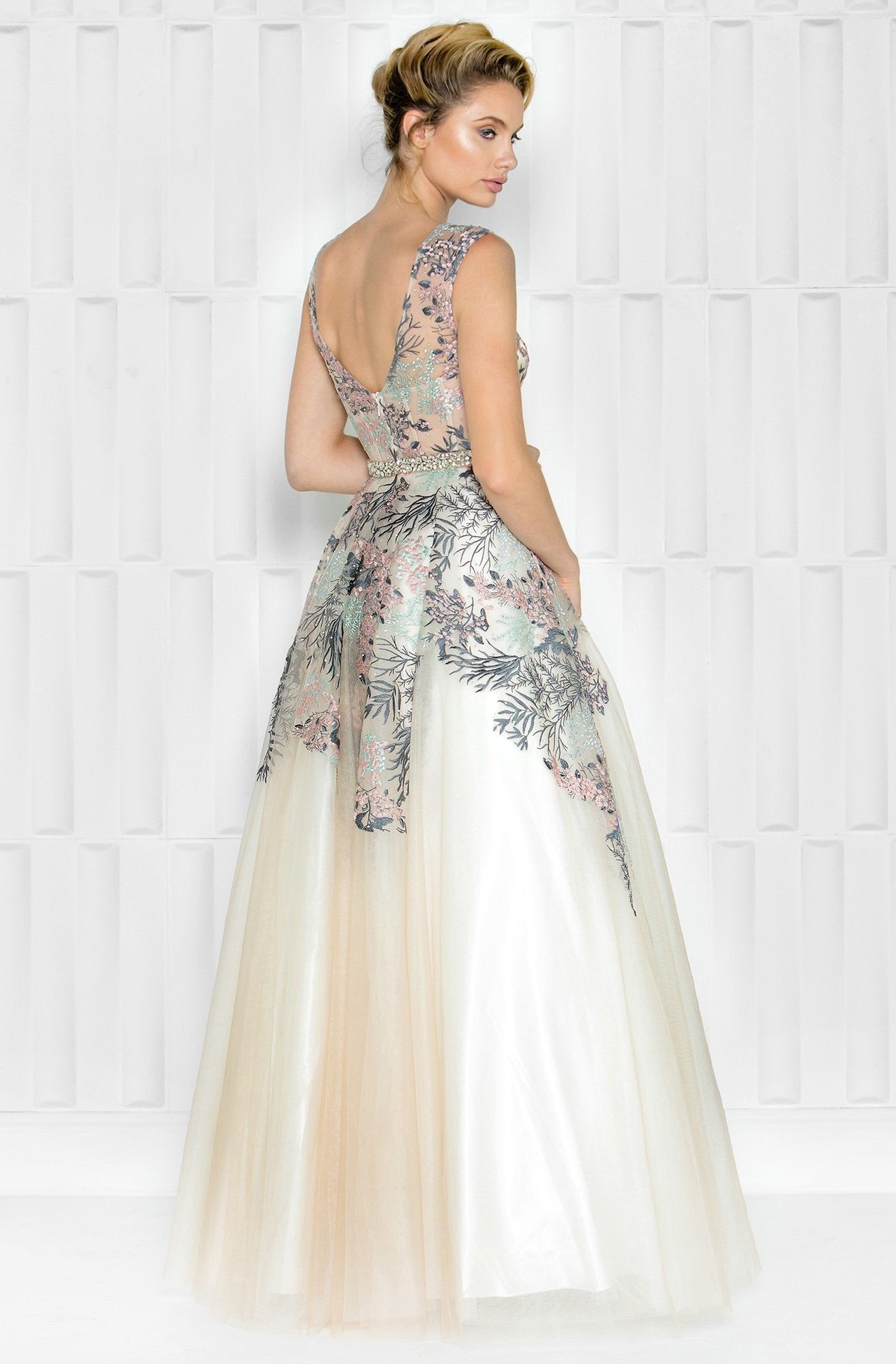 Colors Couture - J034 Embellished Illusion Bateau Ballgown in Neutral and Multi-Color