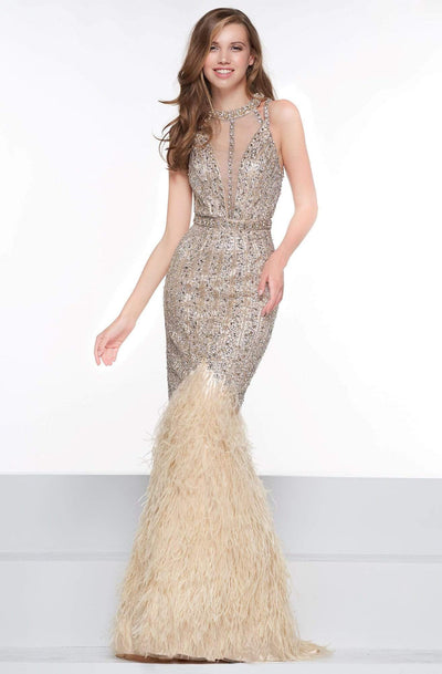 Colors Couture - J071 Embellished Feathered Trumpet Dress In Gold