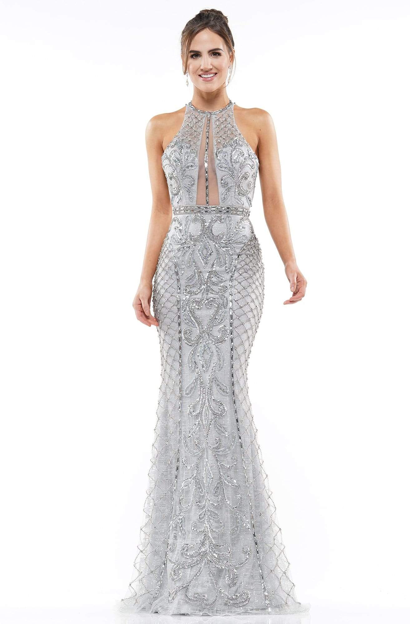 Colors Dress - J106 Beaded Halter Neck Trumpet Dress With Train In Gray