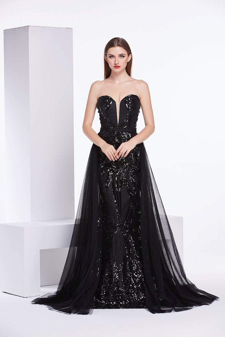 J'Adore - Sequined Strapless Sweetheart Dress with Sheer Train J14026 In Black