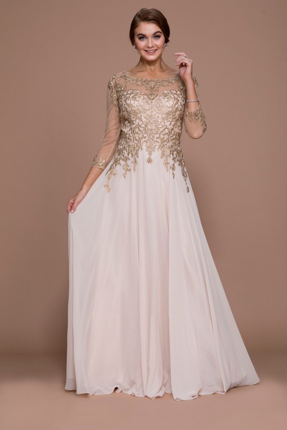 Nox Anabel - Illusion Appliqued A-Line Long Dress J501 In Gold