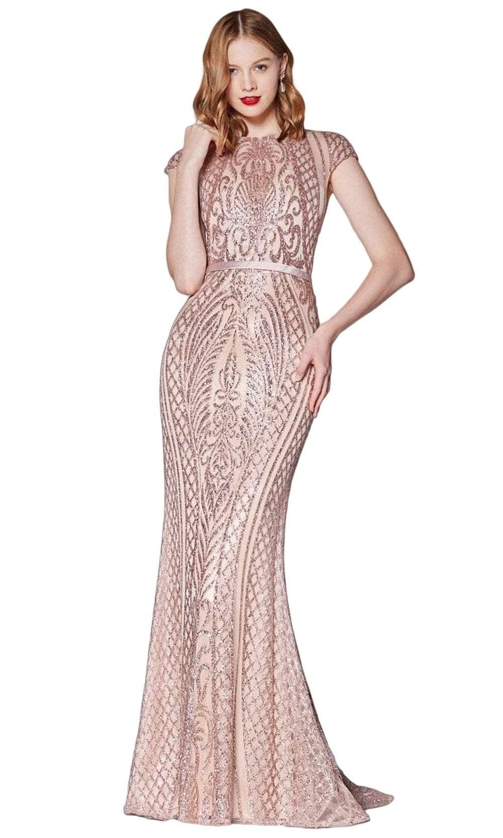 Cinderella Divine - J768 Sequined Cap Sleeve Trumpet Dress In Pink and Gold