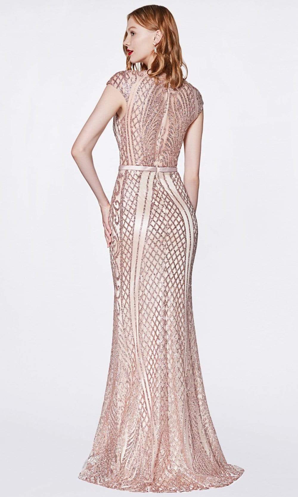 Cinderella Divine - J768 Sequined Cap Sleeve Trumpet Dress In Pink and Gold