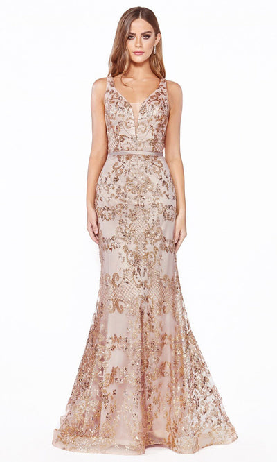 Cinderella Divine - J785SC V Neck Sequin Detailed Trumpet Gown In Golad and Pink