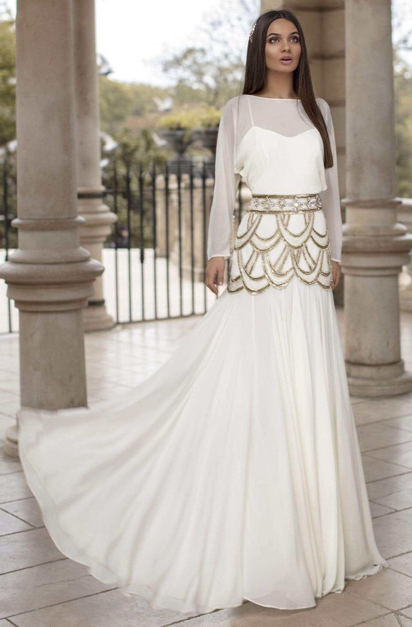 Tarik Ediz - 93879 Long Sleeve Bateau Embellished Trumpet Dress Evening Dresses 0 / Ivory