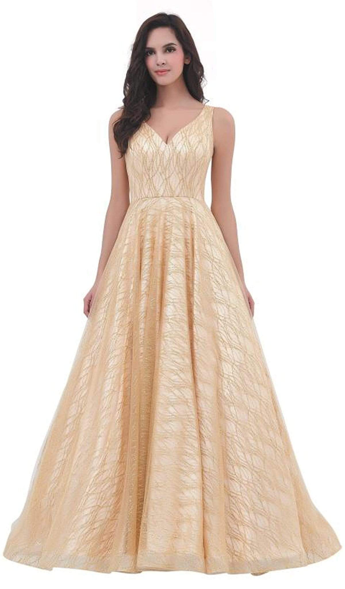 Jadore - J11311 Sleeveless V Neck Glitter Tulle Ballgown Special Occasion Dress 2 / Champagne