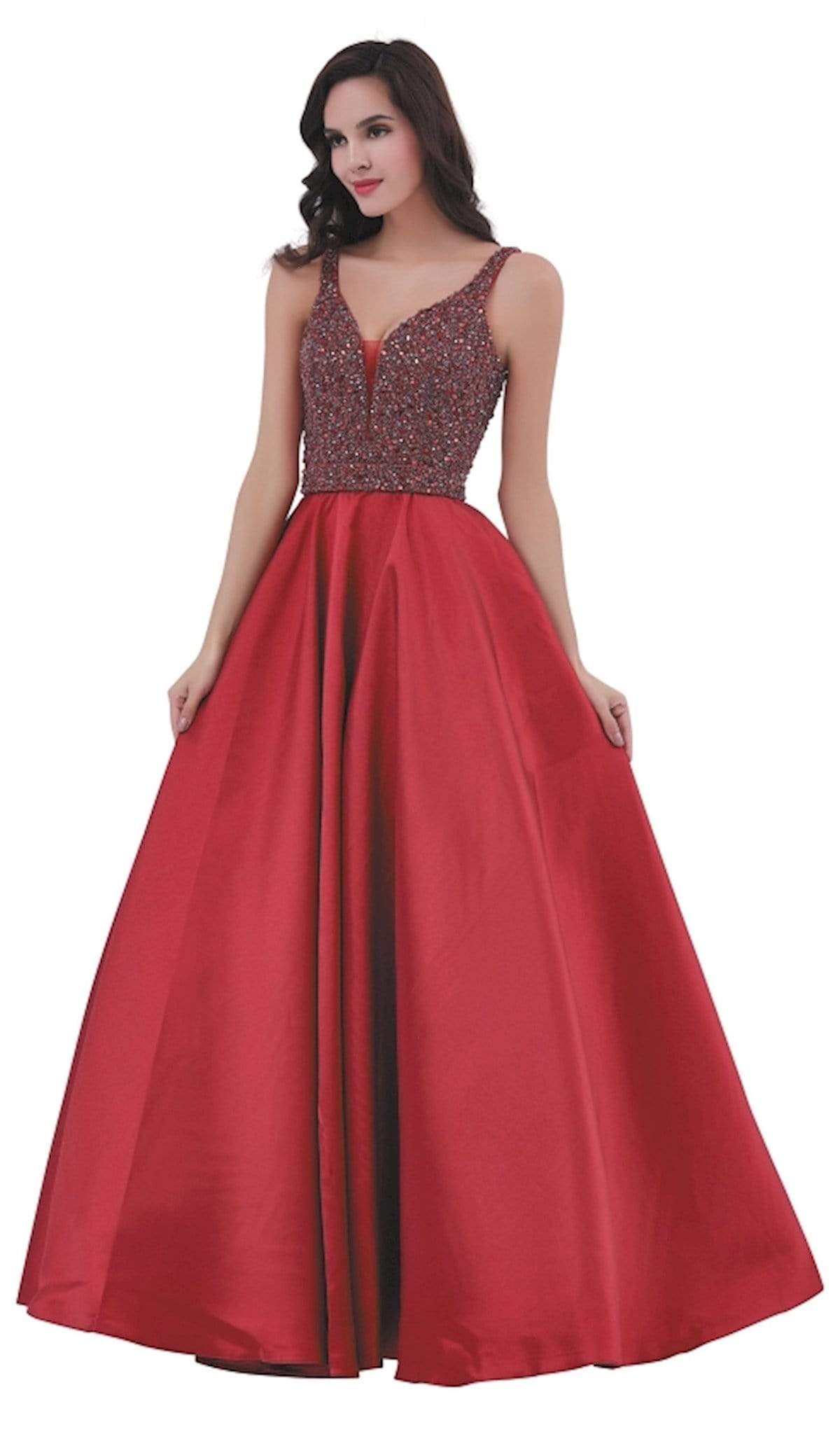 Jadore - J11321 Beaded Deep V-neck Mikado A-line Dress Special Occasion Dress 2 / Burgundy