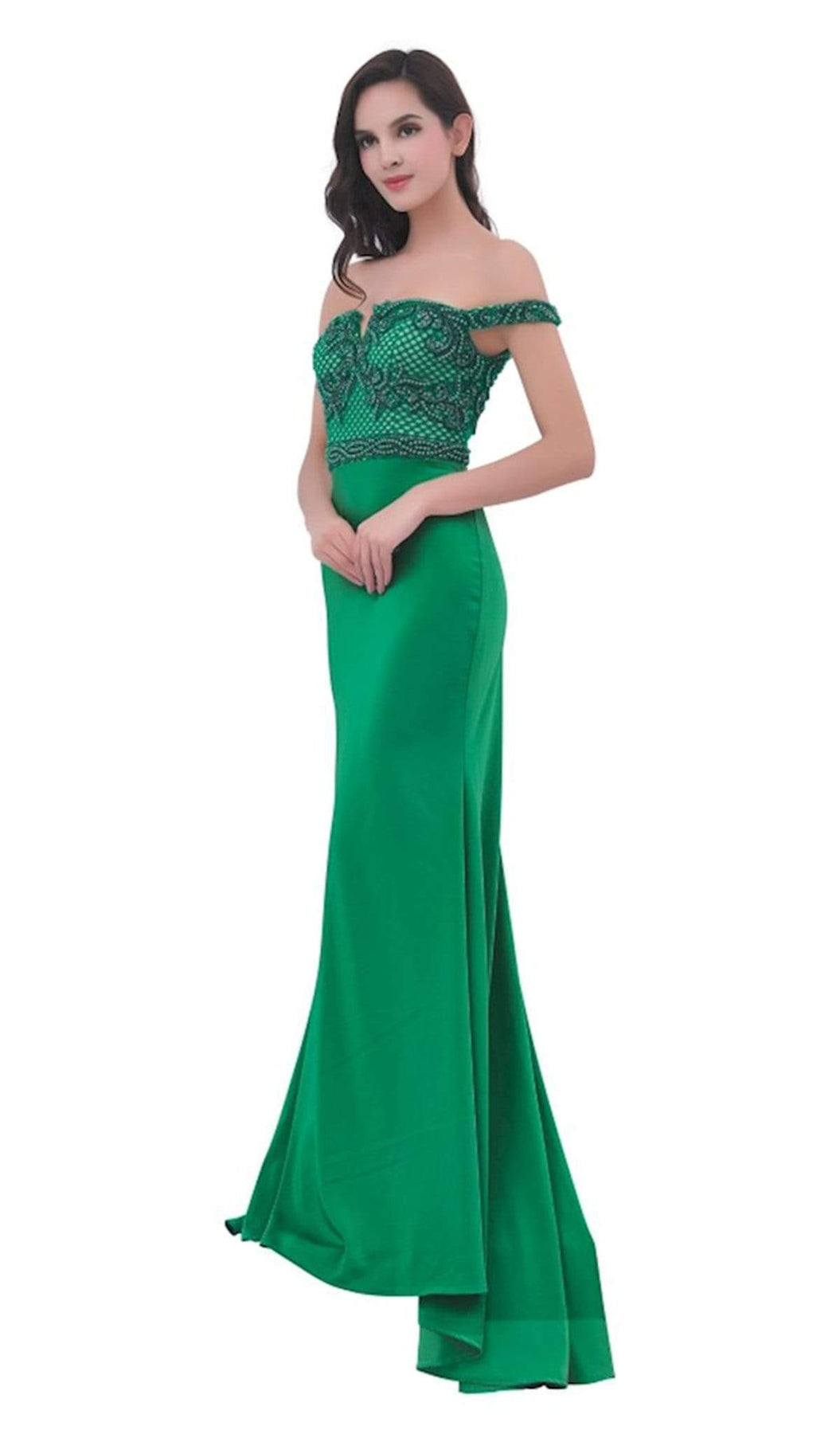 Jadore - J11359 Off Shoulder Lattice Accent Evening Gown Special Occasion Dress 2 / Shamrock