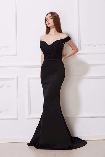 Jadore - J12001 Off Shoulder Lace Bodice Trumpet Gown Special Occasion Dress 2 / Black