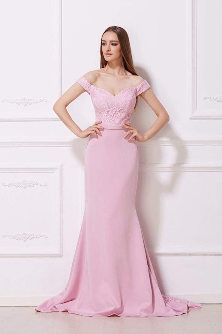 Jadore - J12001 Off Shoulder Lace Bodice Trumpet Gown Special Occasion Dress 2 / Orchid