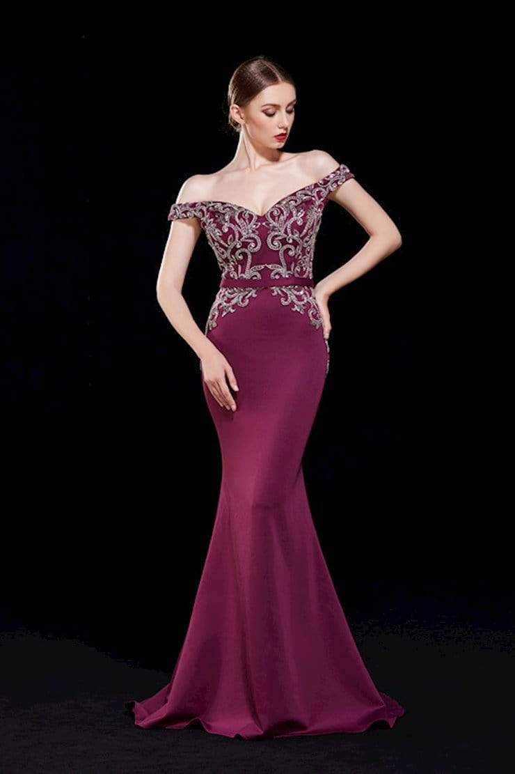 Jadore - J12009 Beaded Off Shoulder Long Mermaid Gown Special Occasion Dress 2 / Cabernet