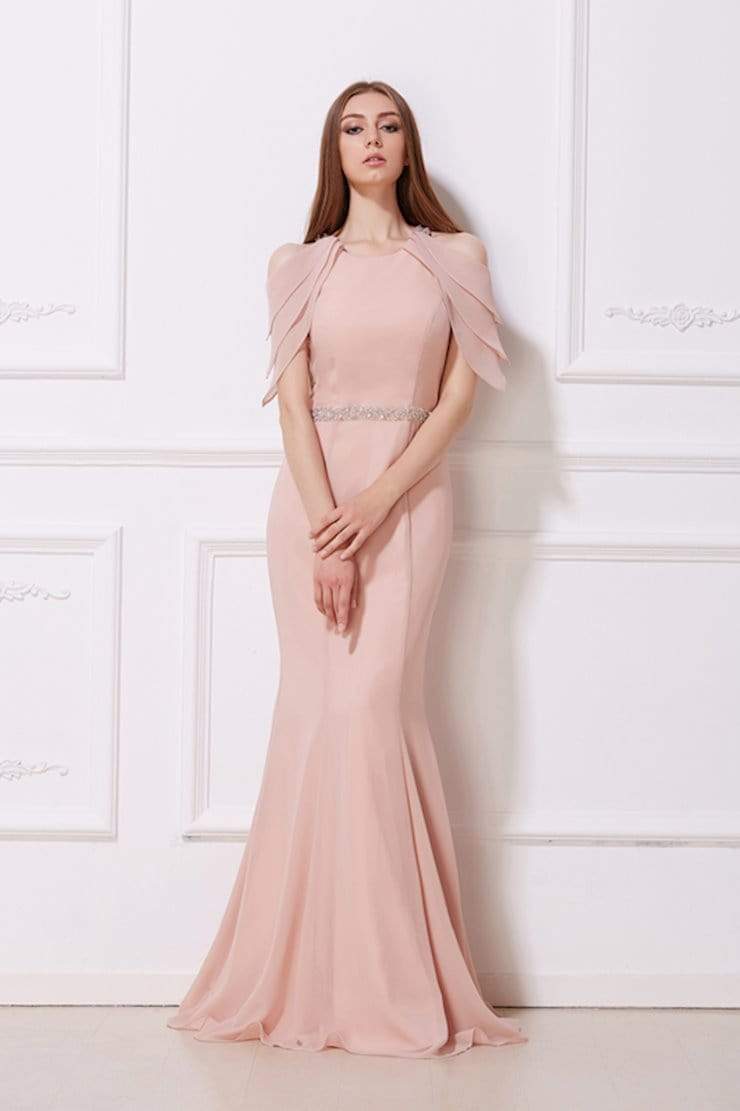 Jadore - J12019 Draped Cold Shoulder Long Mermaid Gown Special Occasion Dress 2 / Rose
