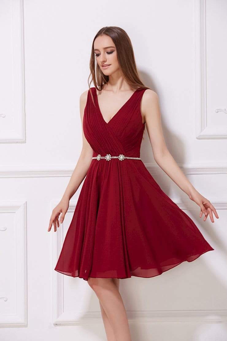 Jadore - J12028 Knee Length Ruched Bodice Jeweled Dress Special Occasion Dress 2 / Cherry