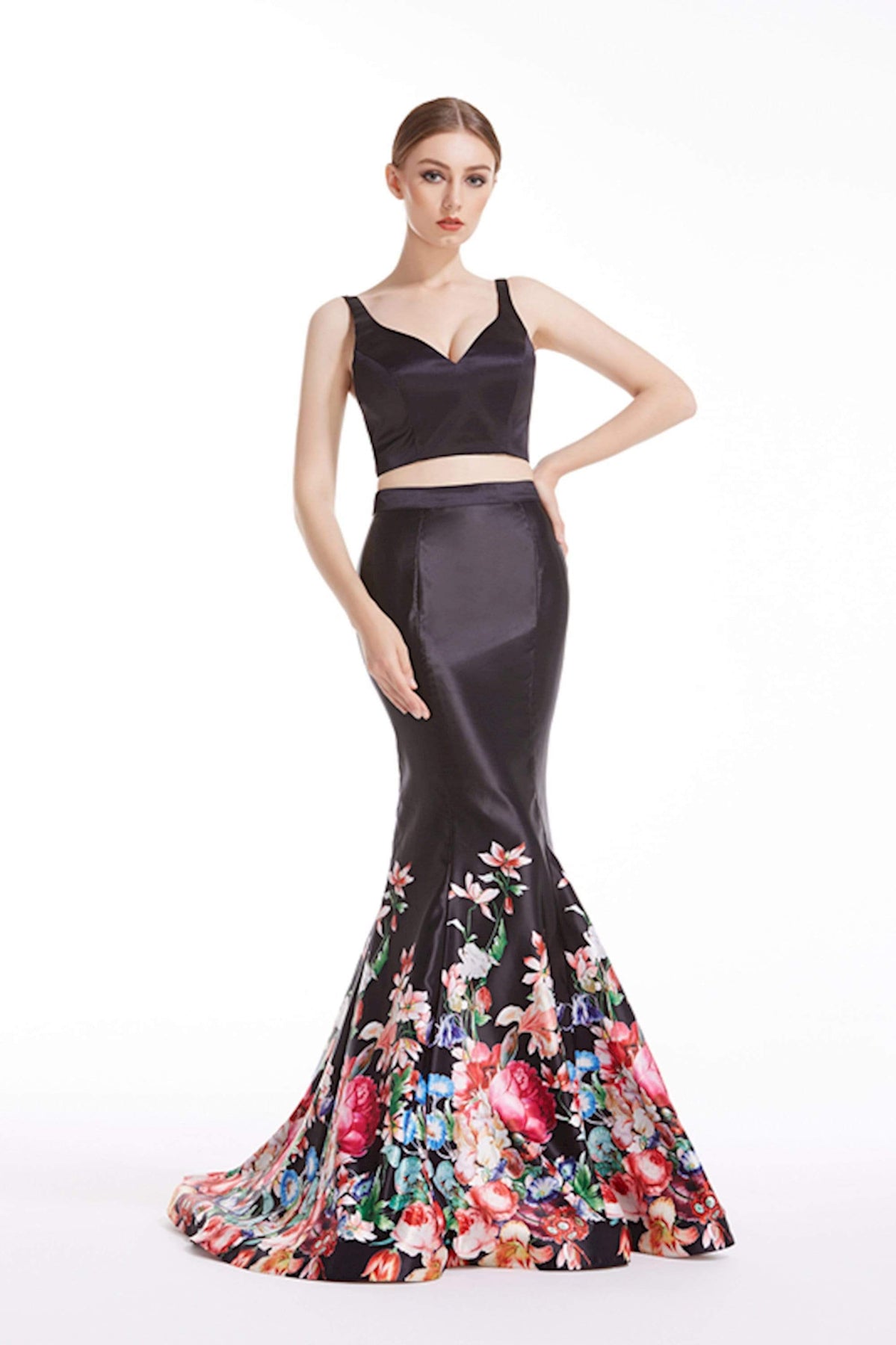 Jadore - J12046 Two Piece Floral Print Mermaid Dress Special Occasion Dress 2 / Black