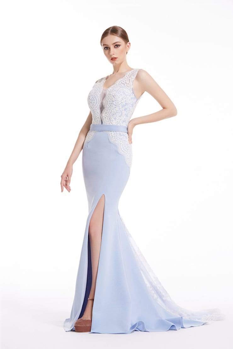 Jadore - J12078 Lace Embroidered Plunging V-Neck Dress Special Occasion Dress 2 / Cornflower