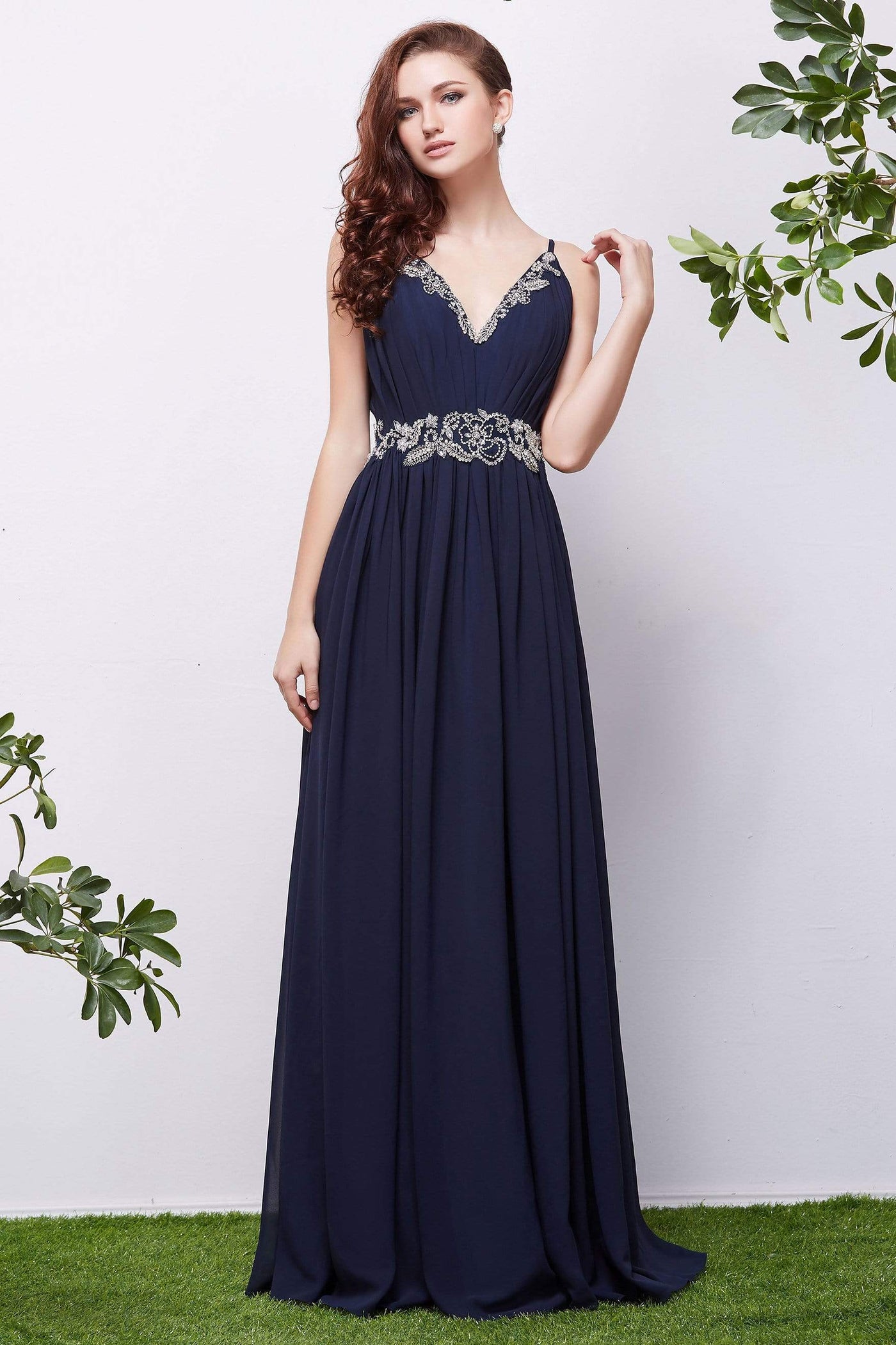 Jadore - J13072 Ruched Beaded V-Neck A-Line Dress Special Occasion Dress 2 / Navy