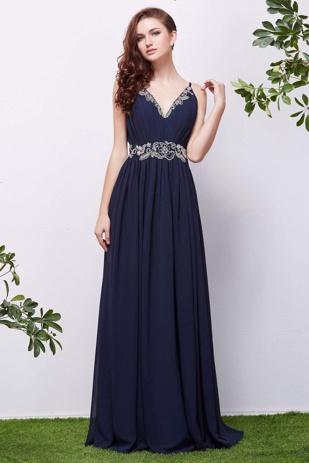 Jadore - J13072 Ruched Beaded V-Neck A-Line Dress Special Occasion Dress 2 / Navy