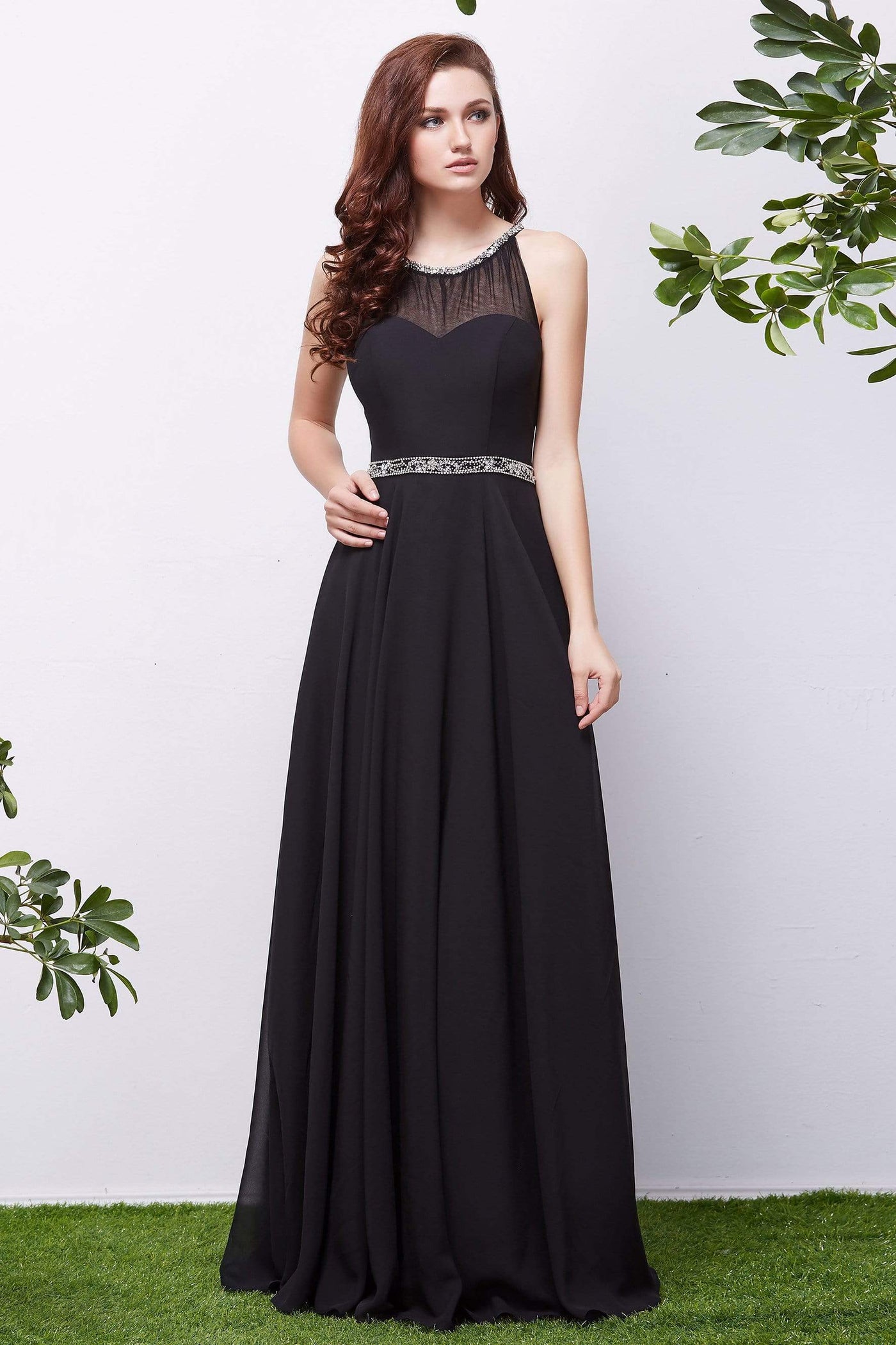 Jadore - J13073 Beaded Illusion Scoop A-Line Gown Special Occasion Dress 2 / Black