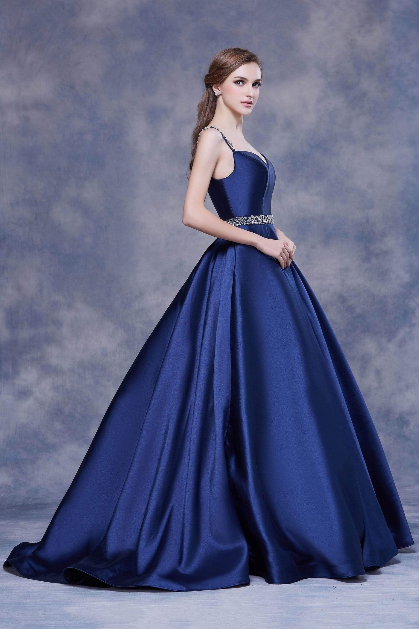 Jadore - J13074 Mikado V-Neck Pleated Ballgown Special Occasion Dress 2 / Navy