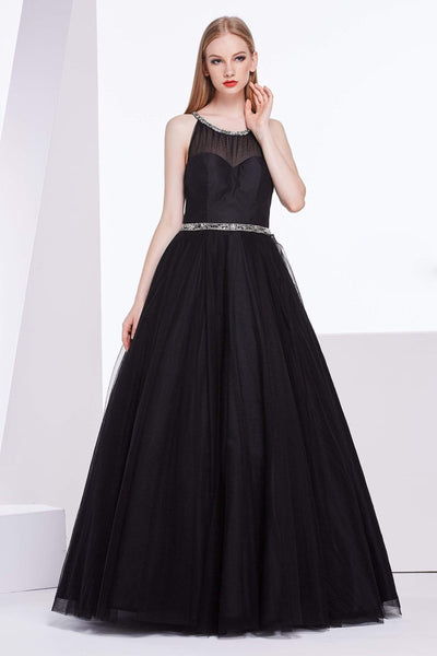 Jadore - J14001 Sleeveless Embellished Halter Tulle Ballgown Special Occasion Dress 2 / Black