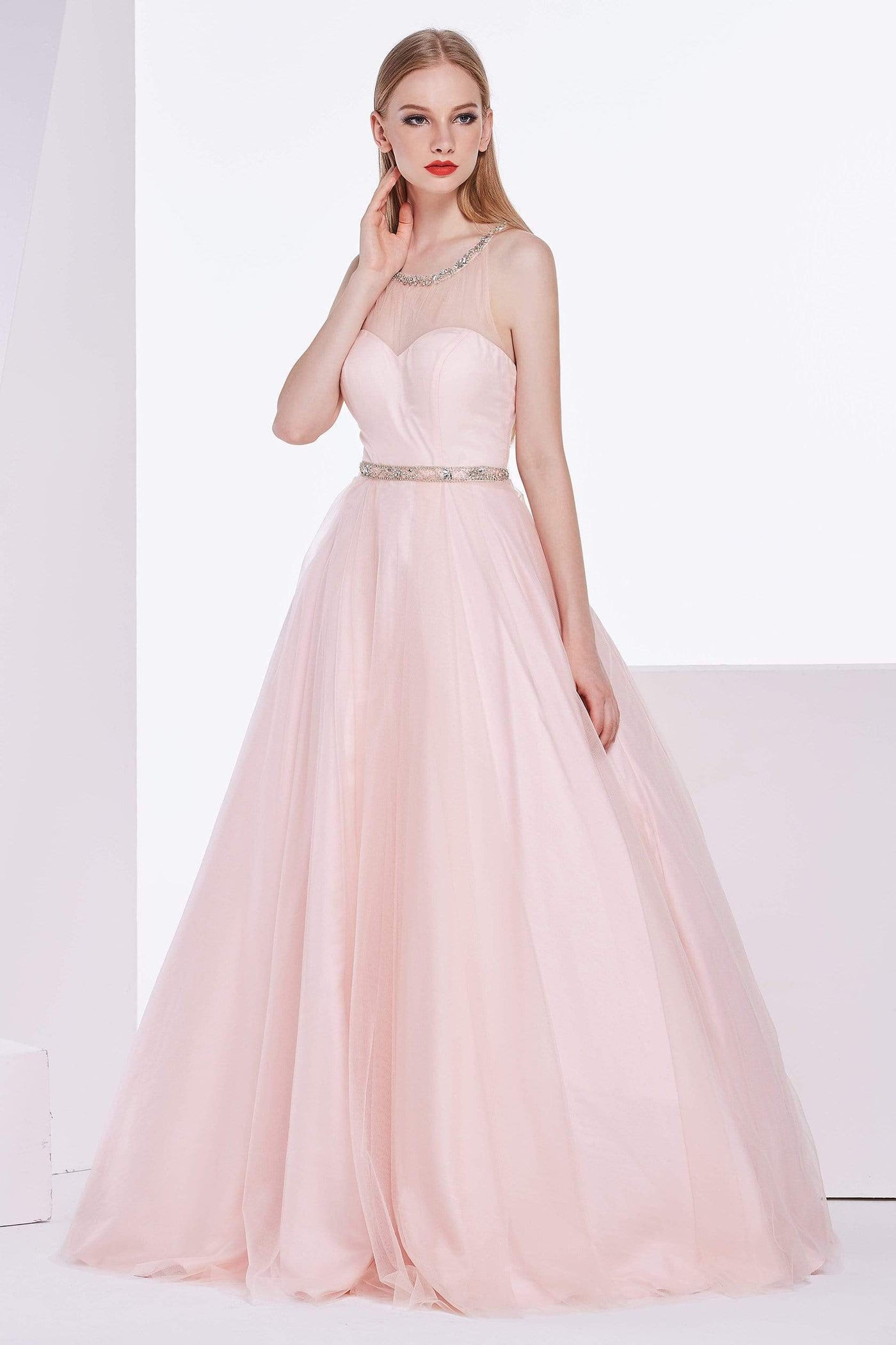 Jadore - J14001 Sleeveless Embellished Halter Tulle Ballgown Special Occasion Dress 2 / Cameo