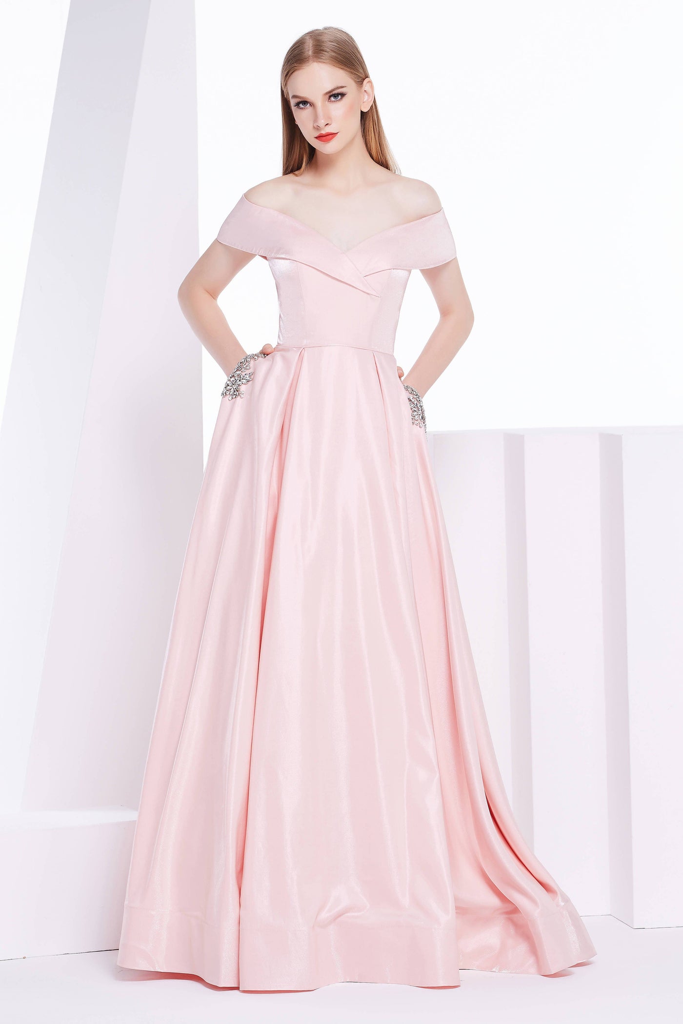 Jadore - J14029 Embellished Off-Shoulder A-line Dress Special Occasion Dress 2 / Dusty Pink