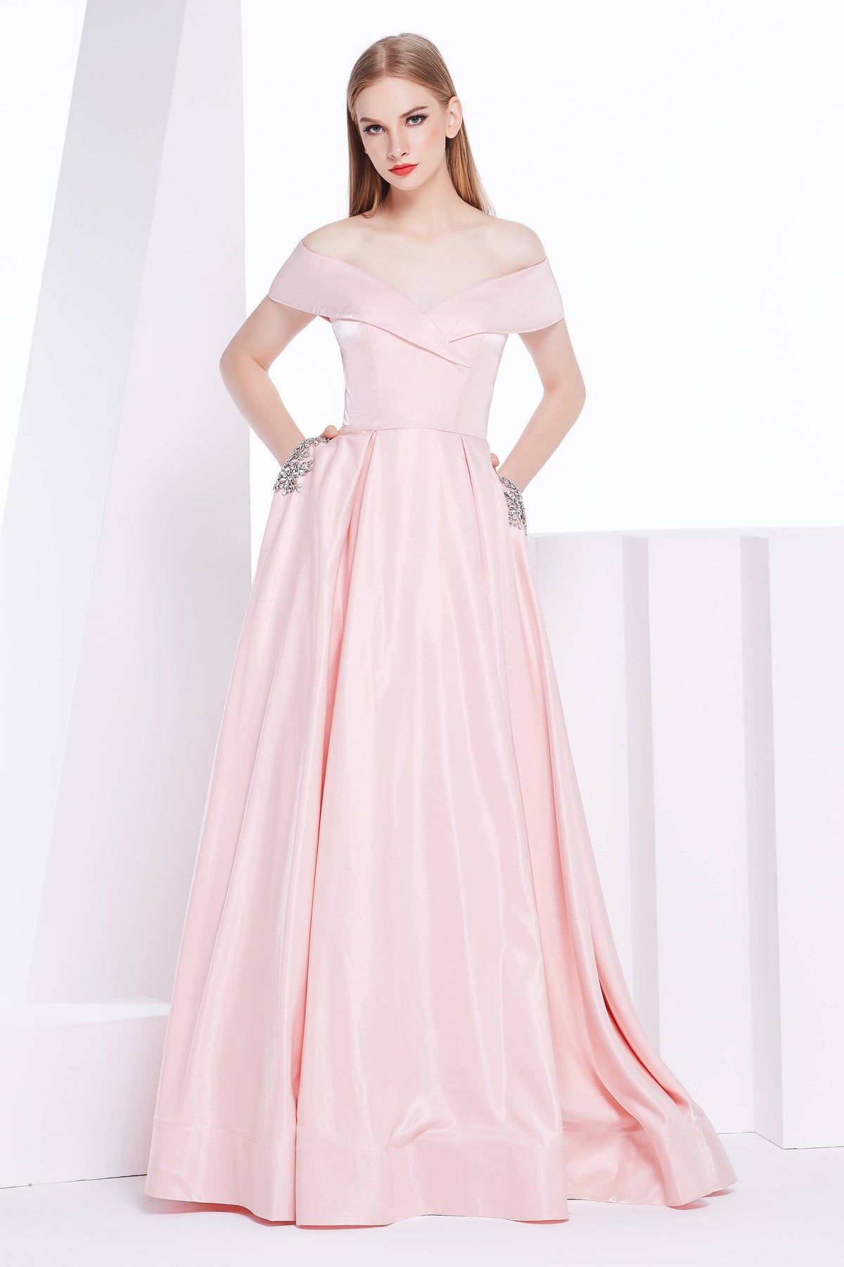 Jadore - J14029 Embellished Off-Shoulder A-line Dress Special Occasion Dress 2 / Dusty Pink