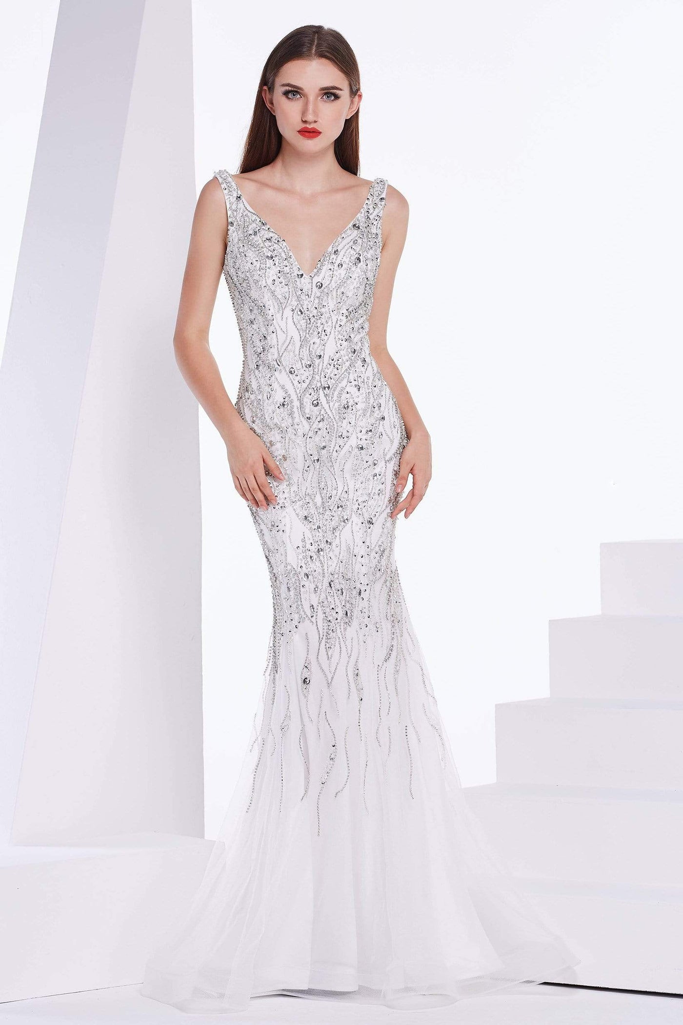 Jadore - J14030 Embellished Plunging V-neck Tulle Trumpet Dress Special Occasion Dress 2 / Ivory