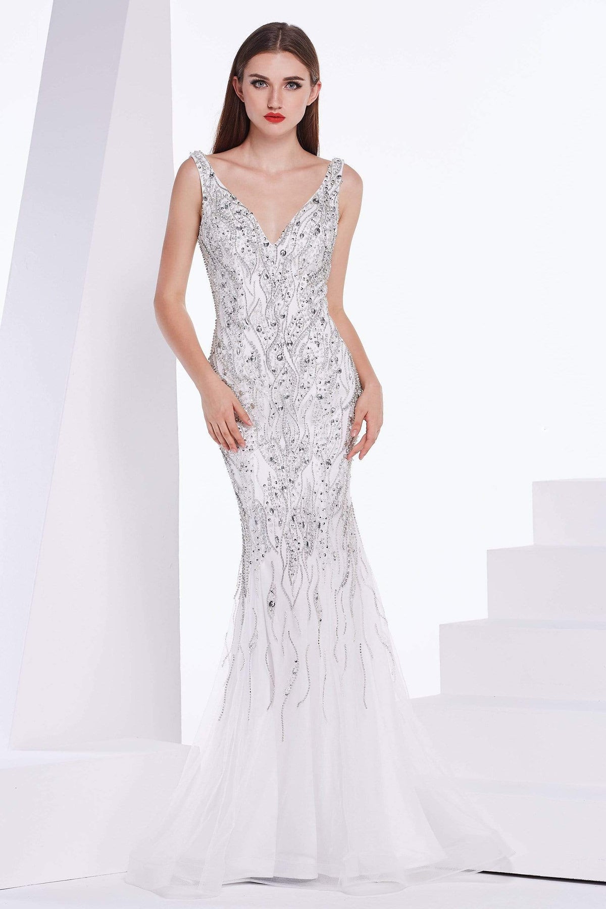 Jadore - J14030 Embellished Plunging V-neck Tulle Trumpet Dress Special Occasion Dress 2 / Ivory