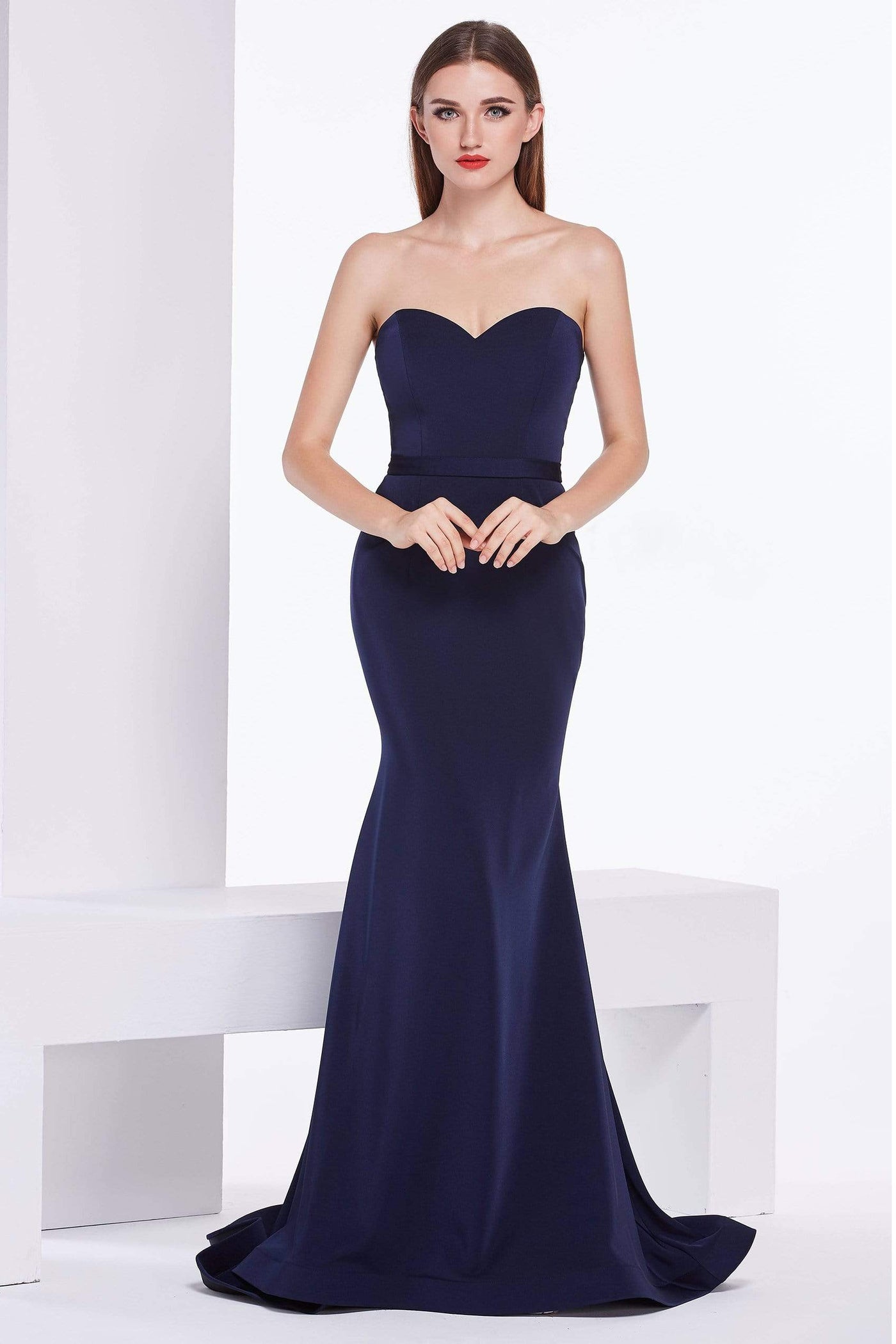 Jadore - J14047 Strapless Sweetheart Satin Crepe Trumpet Dress Special Occasion Dress 2 / Navy