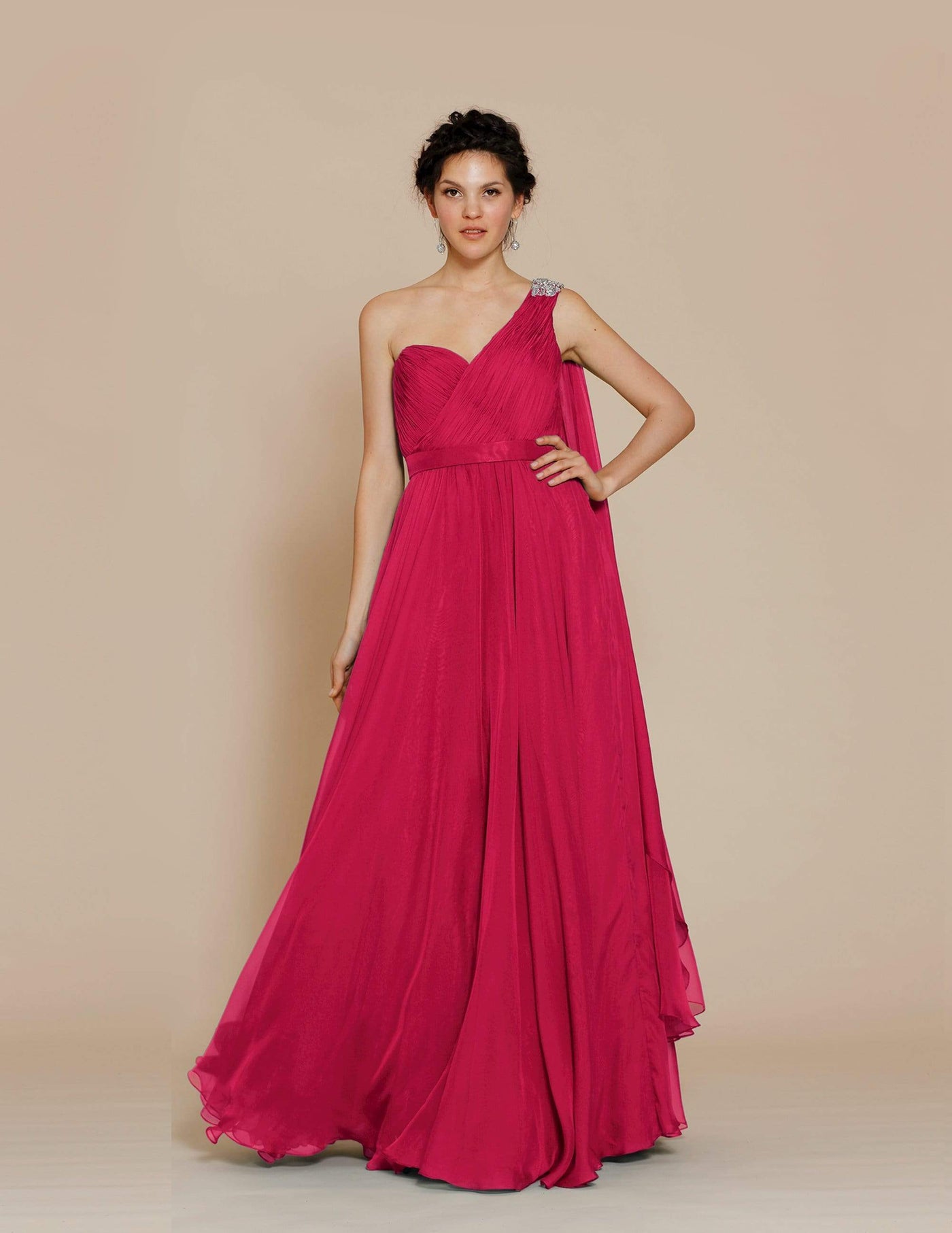 Jadore - J2042 Embellished One Shoulder Ruched Chiffon A-line Dress Special Occasion Dress 2 / Hot Pink