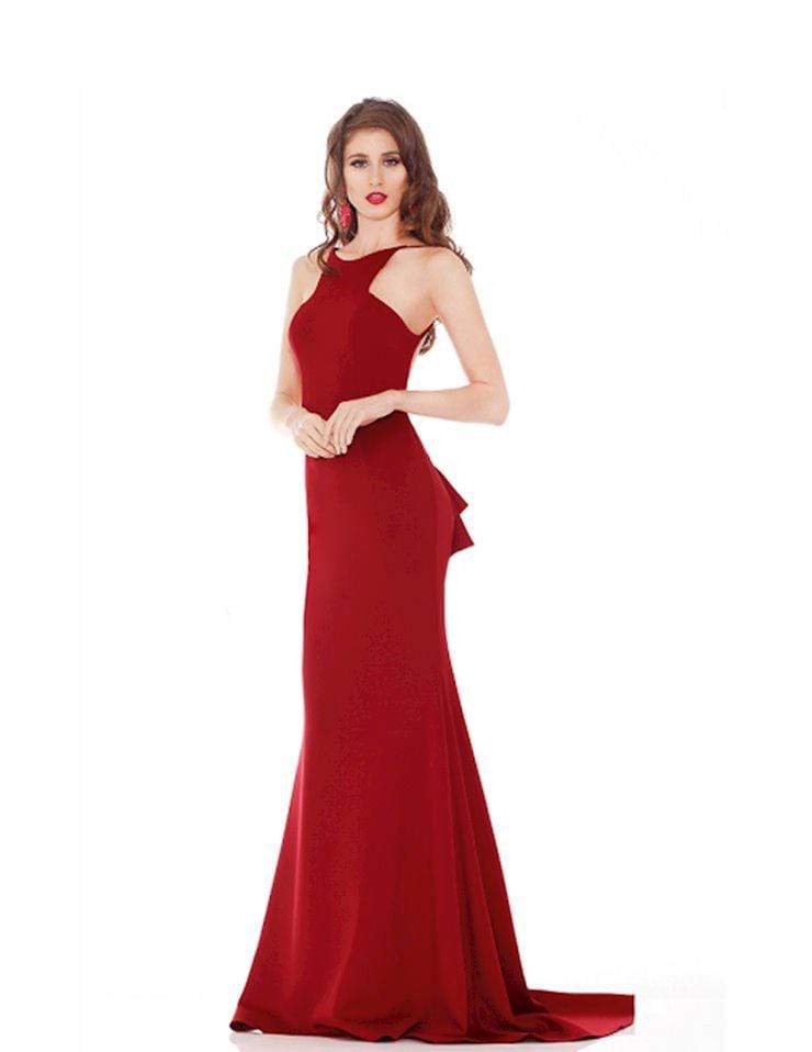Jadore - J6015L Ruffle Accented Cut-In Halter Trumpet Gown Special Occasion Dress 2 / Red