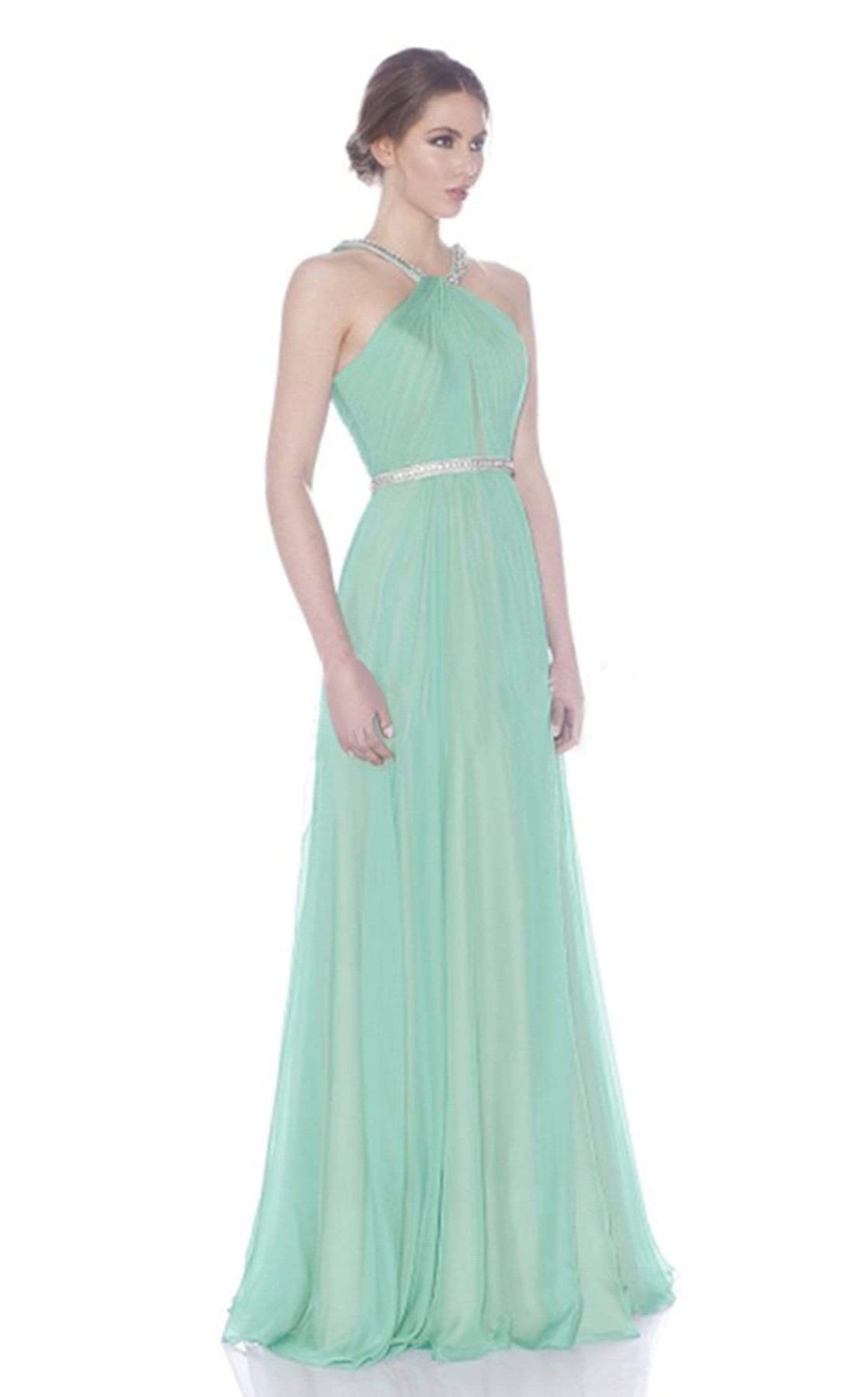 Jadore - J7019 Crystal Embellished Halter Chiffon A-line Dress Special Occasion Dress 2 / Aqua