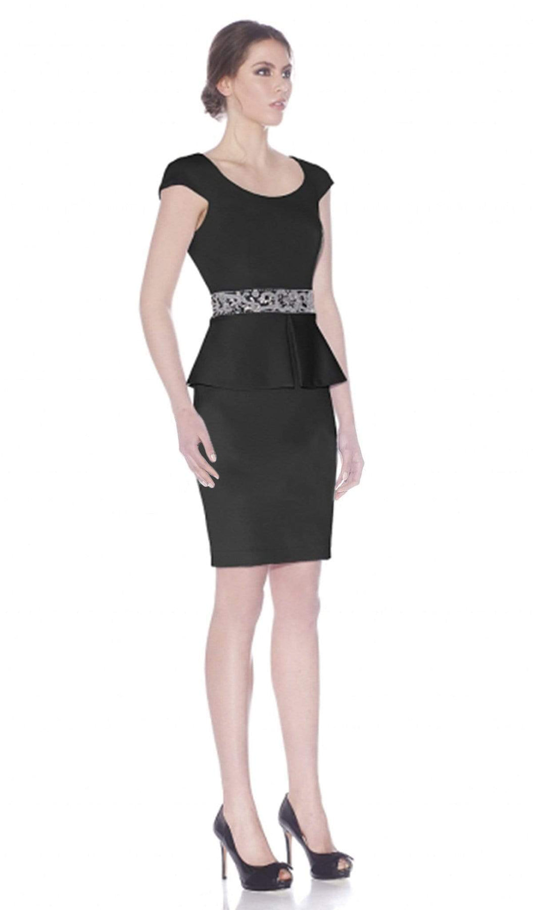 Jadore - J7050 Short Dress With Peplum and Beaded Waistband Accent Special Occasion Dress 2 / Black
