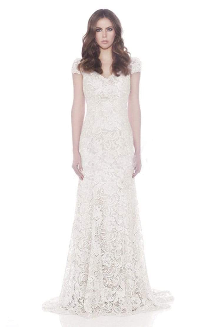 Jadore - J7109 Cap Sleeve Lace V-Neck Long Gown Special Occasion Dress 2 / Ivory