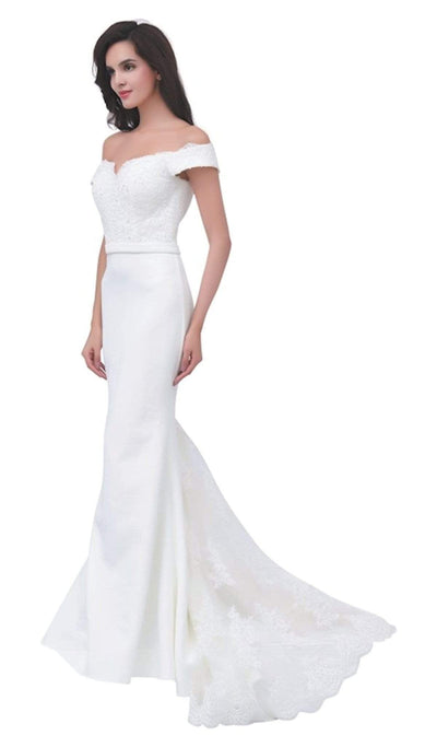 Jadore - JC8033 Lace Off-Shoulder Neoprene Trumpet Dress Special Occasion Dress 2 / Ivory