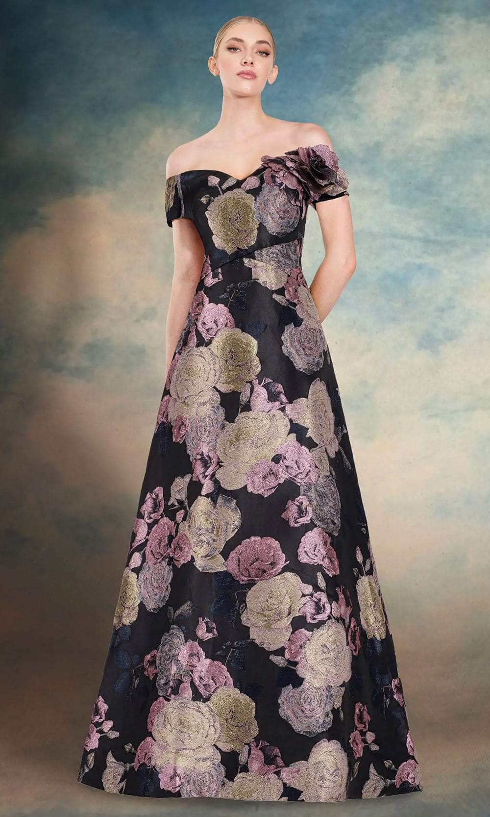 Janique 10621 - Floral Print A-Line Gown Mother of the Bride Dresses 2 / Black