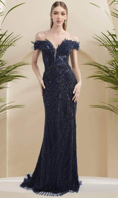 Janique 16160 - Embellished Sheer Neck Gown Prom Dresses 2 / Navy
