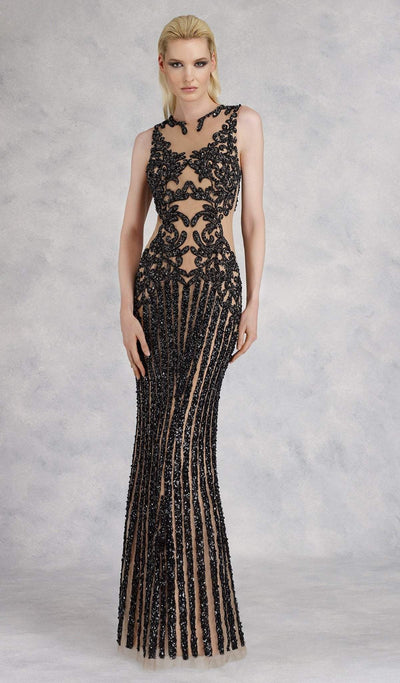 Janique - 17007 Sparkly Nude Illusion Evening Gown In Black Special Occasion Dress 0 / Black