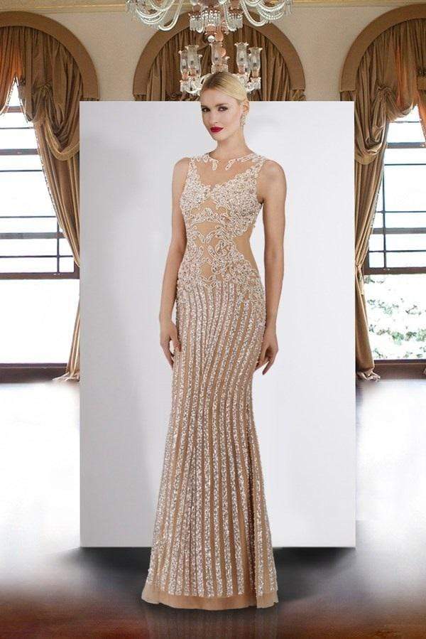 Janique - 17007 Sparkly Nude Illusion Evening Gown In Ivory Special Occasion Dress 0 / Ivory