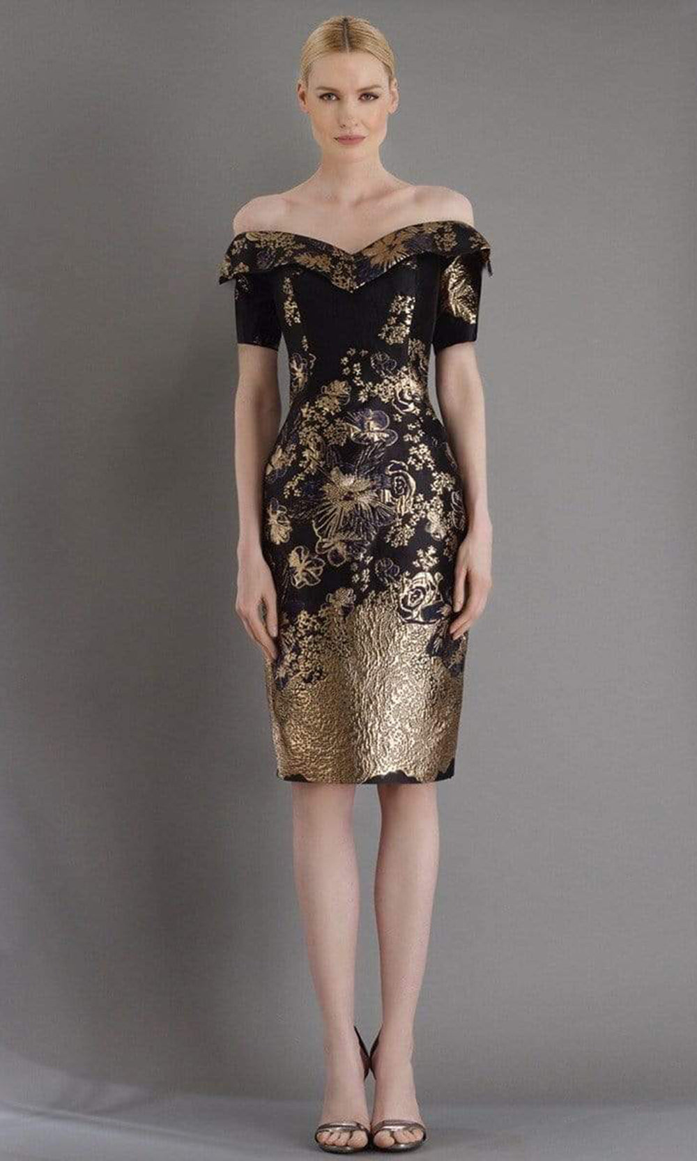Janique - Fitted Off Shoulder Column Dress 1939SC In Black and Gold