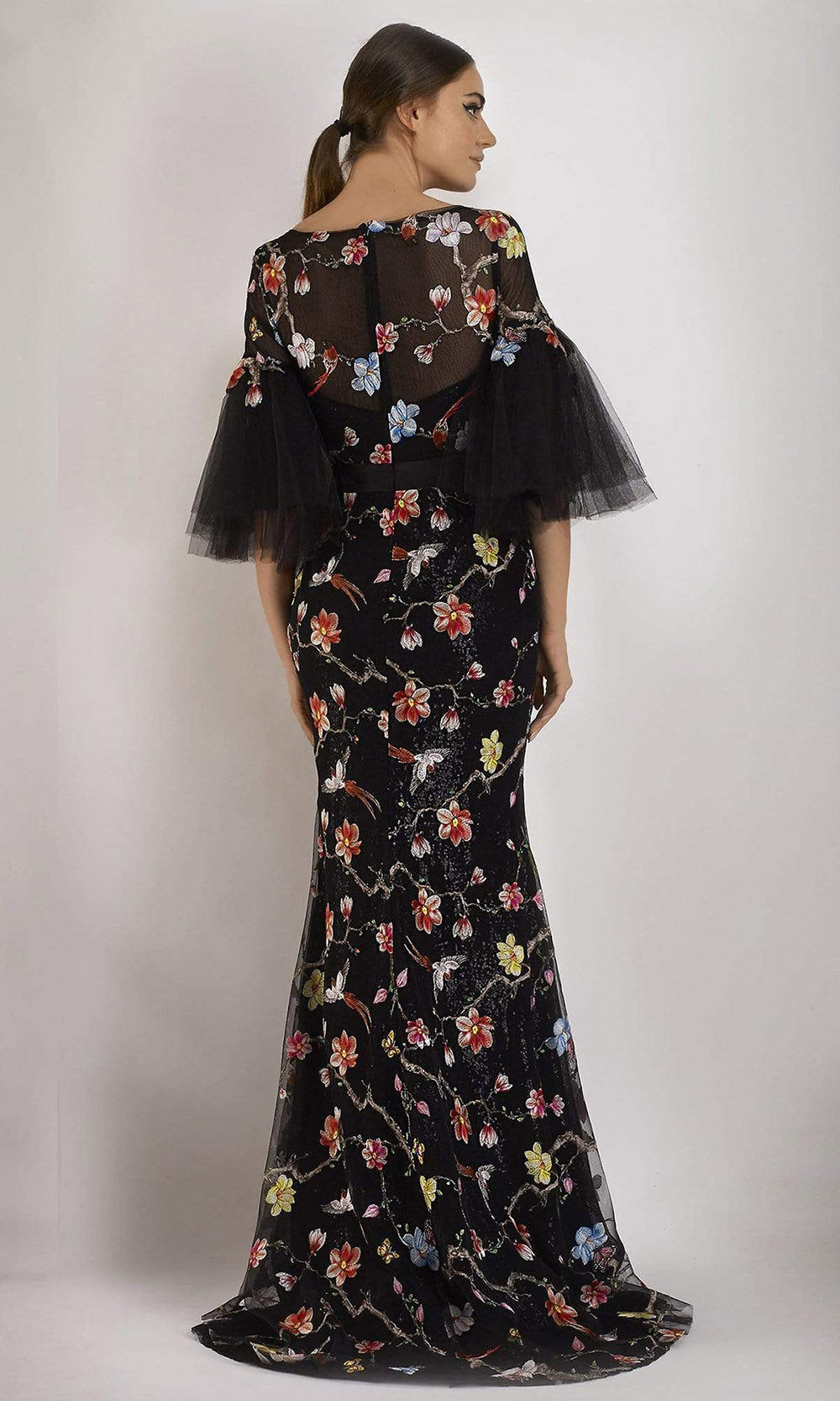 Janique - Flared Sleeve Floral Embroidered Gown 2045SC  In Black and Floral