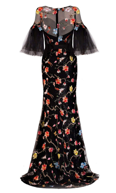 Janique - Flared Sleeve Floral Embroidered Gown 2045SC  In Black and Floral