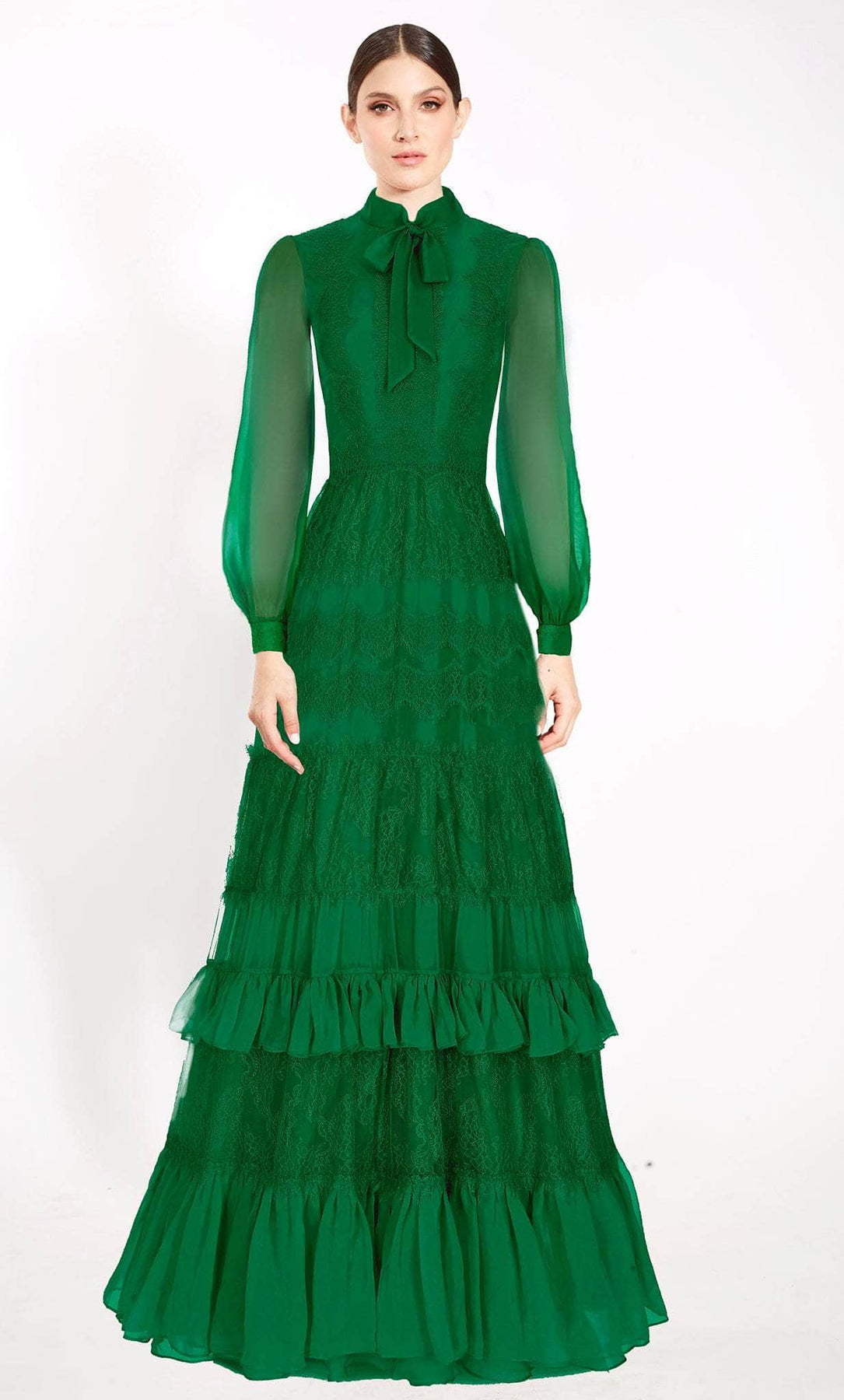 Janique 22101 - Long A-Line Dress - Sheer Long Bishop Sleeve, Lace, Bow Accent, Ruffled, Tiered, Full Length ADASA Janique 22101 - Long A-Line Dress - Sheer Long Bishop Sleeve, Lace, Bow Accent, Ruffled, Tiered, Full Length ADASA