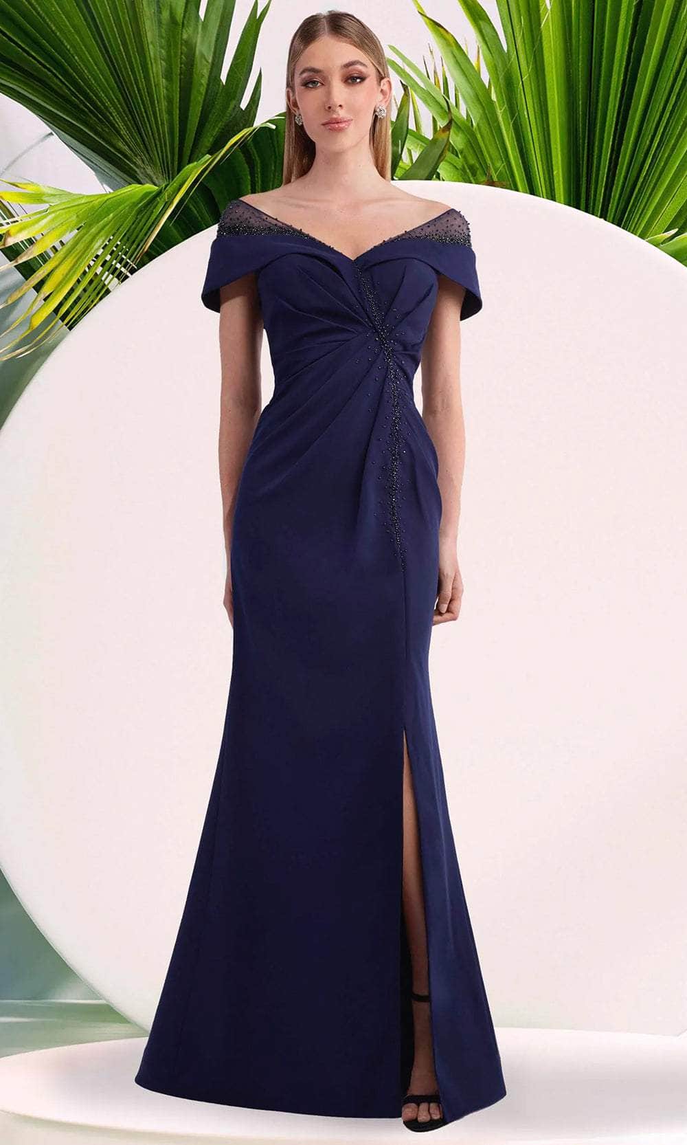 Janique 2409 - Beaded V Neck Long Dress Prom Dresses 2 / Navy