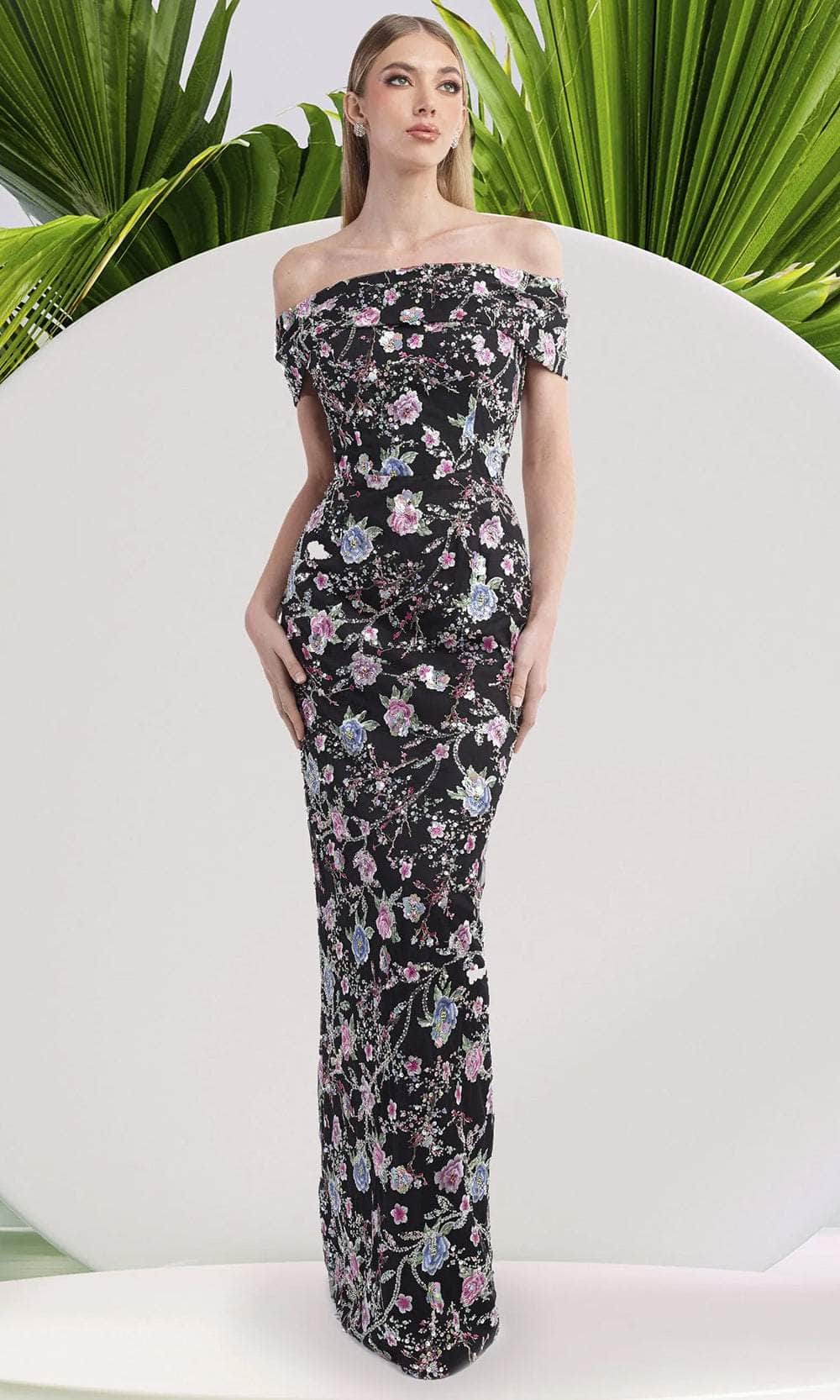 Janique 2444 - Floral Print Sheath Dress Prom Dresses 2 / Black
